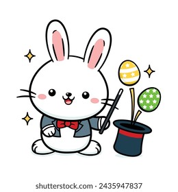 Cute White Baby Easter Bunny Rabbit Magician With Eggs