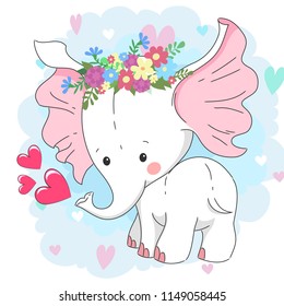 Cute white baby elephant in flower wreath. Hand drawn cartoon character for baby t-shirt design, baby shower, design element for fashion print