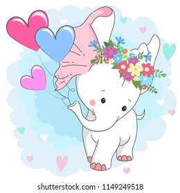 Cute white baby elephant in flower wreath. Hand drawn cartoon character for baby t-shirt design, baby shower, design element for fashion print