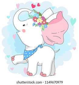 Cute white baby elephant in flower wreath. Hand drawn cartoon character for baby t-shirt design, baby shower, design element for fashion print