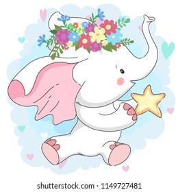Cute white baby elephant in flower wreath. Hand drawn cartoon character for baby t-shirt design, baby shower, design element for fashion print