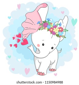 Cute white baby elephant in flower wreath. Hand drawn cartoon character for baby t-shirt design, baby shower, design element for fashion print