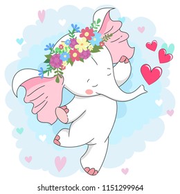 Cute white baby elephant in flower wreath. Hand drawn cartoon character for baby t-shirt design, baby shower, design element for fashion print
