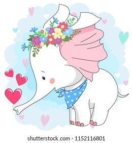 Cute white baby elephant in flower wreath. Hand drawn cartoon character for baby t-shirt design, baby shower, design element for fashion print