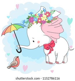 Cute white baby elephant in flower wreath. Hand drawn cartoon character for baby t-shirt design, baby shower, design element for fashion print