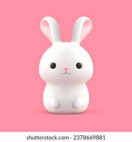 Frisch weißes Kaninchen schmückt positive kawaii Charakter 3d Symbol realistische Vektorgrafik. Hasen mit sonniger Lächelnase, frisches Wildtier mit langen Ohrpaaren einzeln auf Rosa