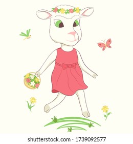 A cute white baby sheep in a pink dress carries a basket of flowers. Vector hand drawn illustration.