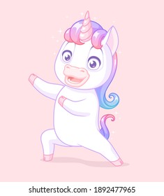 Cute white baby unicorn presenting. Vector cartoon character isolated on pink background.