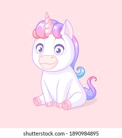 Cute White Baby Unicorn Sitting. Vector Cartoon Character Isolated On Pink Background.