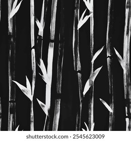 Cute white bamboo striped on black watercolor seamless pattern with color brush strokes. watercolor background. Watercolor print in rustic vintage style, textile or wallpapers.