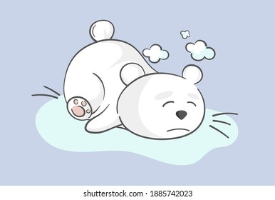 Cute White Bear Asleep In The Snow. Tired Baby Fell On The Ice. Element For The Design Of Children's Cards And Fabrics. Illustration For Banners About Procrastination, Laziness. Adorable  Animal.