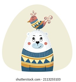 Un oso blanco lindo con un pájaro de sudaderas idénticas azules y amarillas. El aspecto familiar. Ilustración del vector