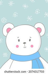 Cute white bear in blue scarf on blue background with snowflakes. Christmas illustration. For nursery poster, greeting card, invitation, print, illustration, banner. Simple vector illustration.