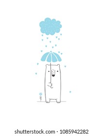 Cute White Bear with Blue Umbrella Isolated on a White Background.Sweet Nursery Art for Boys.Lovely Hand Drawn Baby Shower Vector Illustration. Blue Cloud with Dropping Hearts on a White Background. 