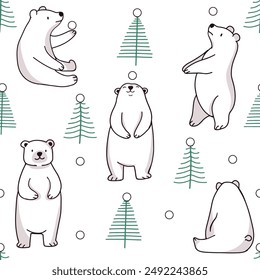 Cute white bear cartoon having fun in the winter forest seamless pattern