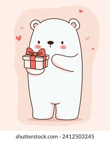 Cute White Bear Cartoon Mascot Character with Valentine's Gift, Vector Illustration