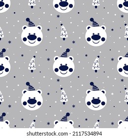 Cute white bear and Christmas tree seamless pattern. Funny woodland forest animal. Winter Christmas and New Year background. Cartoon vector illustration