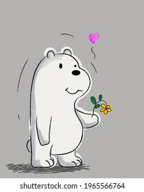 Cute white bear with flower icon vector illustration. Line,sketch,rough ,animal character.