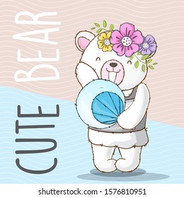 Cute white bear with flowers cartoon illustration for kids. Beauty white bear holding blue handheld fa