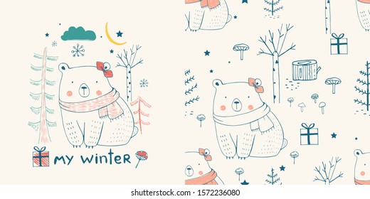 Frisch weißer Bär im Wald, mit nahtlosem Muster. Handgezeichnete Vektorillustration.