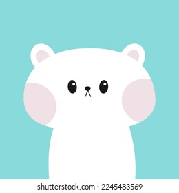 Cute white bear. Funny face icon. Kawaii funny animal. Pink cheek. Cartoon funny baby character. Kids print for poster, t-shirt cloth. Love. Flat design. Blue background. Vector