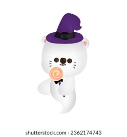 cute white bear ghost in a witch hat holding a lollipop or candy