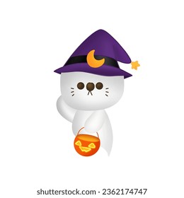 cute white bear ghost in a witch hat holding a jack o'lantern bucket for trick or treat