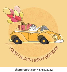 Cute white bear with gift and balloons in yellow toy car. Happy birthday greeting card. Vector illustration.