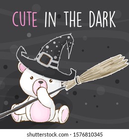 Cute white bear halloween cartoon illustration for kids. Cute white bear wearing black hat. Little white bear holding witch broom