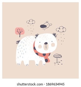 Cute white bear  Hand drawn vector illustration. Can be used for baby t-shirt print, fashion print design, kids wear, baby shower celebration greeting and invitation card.