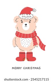 Cute white bear in a hat, felt boots and a scarf. Greeting card, hand-drawn illustration.