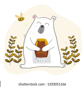 cute white bear having coffee in spring season with a little bee
