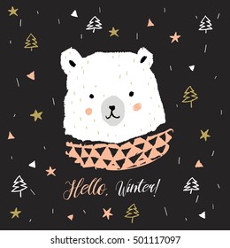 Cute white bear head with message Hello, Winter. Xmas design for the poster, greeting card, tee shirt. Vector hand drawn illustration. Winter time animal on the black background with snow.