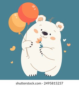 Cute white bear holding balloons and flower in his paws, flat vector illustration on birthday theme