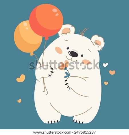 Cute white bear holding balloons and flower in his paws, flat vector illustration on birthday theme