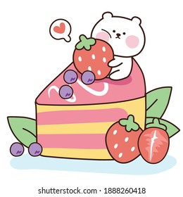 Cute white bear hug strawberry on cake. Animal character design. Kid graphic. Sticker. Food and fruit hand awn. Dessert .Sweet. Kawaii. Vector. Illustration