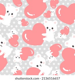 oso blanco lindo abrazando el corazón rojo en un fondo de polka gris claro punto, niños animales del zoo kawaii papel tapiz sin fisuras patrón, papel de envoltura, tela e impresión textil de bebé
