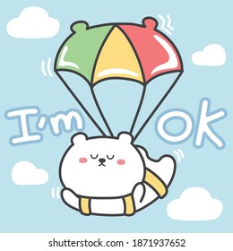 Cute White Bear Make A Parachute Jump On Sky Background.Animal Character Cartoon Design.Graphic Design.Hand Drawn.Kawaii.Vector.Illustration.