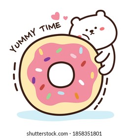 Cute White Bear On Donut In Cartoon On White Background.Character Graphic Design.Animal And Dessert Hand Drawn.Yummy Time Text.Kawaii.Vector.Illustration.