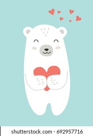 Cute white bear with red heart. Love design.  Vector illustration for t-shirt, phone case, mugs, baby shower,wall art.