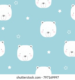 Cute white bear seamless pattern. Vector hand drawn illustration.