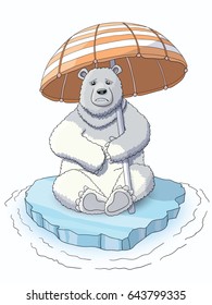 Cute white bear sitting on the melting ice, holding a umbrella, trying to save the ice from warming