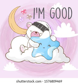 Cute white bear sleep on the cloud  cartoon illustration for kids. Cute white bear with blue star, white cloud and yellow moon