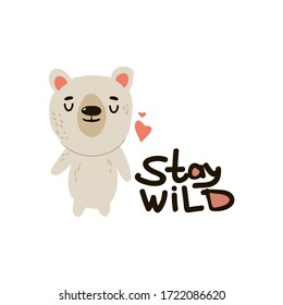 Cute White Bear Standing with Closed Eyes and Inscription Vector Illustration. Furry Doodle Animal as T-shirt Print with Follow Your Dream Saying