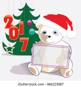 Cute white bear with a text panel in New Year's surroundings.Vector illustration.