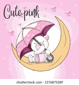 Oso blanco lindo con paraguas en la ilustración de la caricatura de la luna para los niños. Un oso pequeño en la luna. Pequeño oso oso blanco con paraguas rosas y luna amarilla