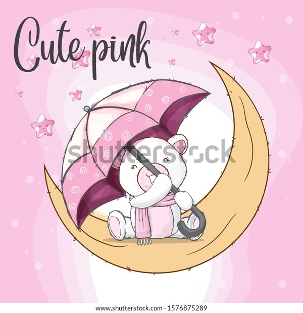 Cute white bear with umbrella on the moon\
cartoon illustration for kids. Little bear on the moon. Little\
white bear with pink umbrella and yellow\
moon