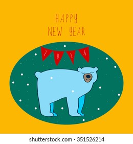 Cute white bear under the snow. Poster for prints. 