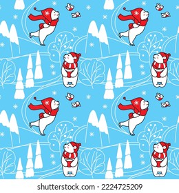 Cute white bear walking on the winter forest. Kids print. Seamless pattern. Vector.