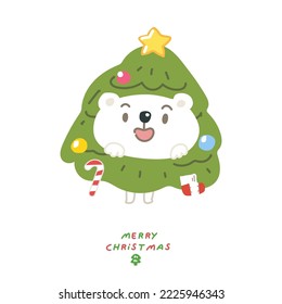 Cute white bear wearing Christmas tree costume with "Merry Christmas" message. Polar bear. Cartoon character for Christmas decoration, greeting card. Flat vector illustration.